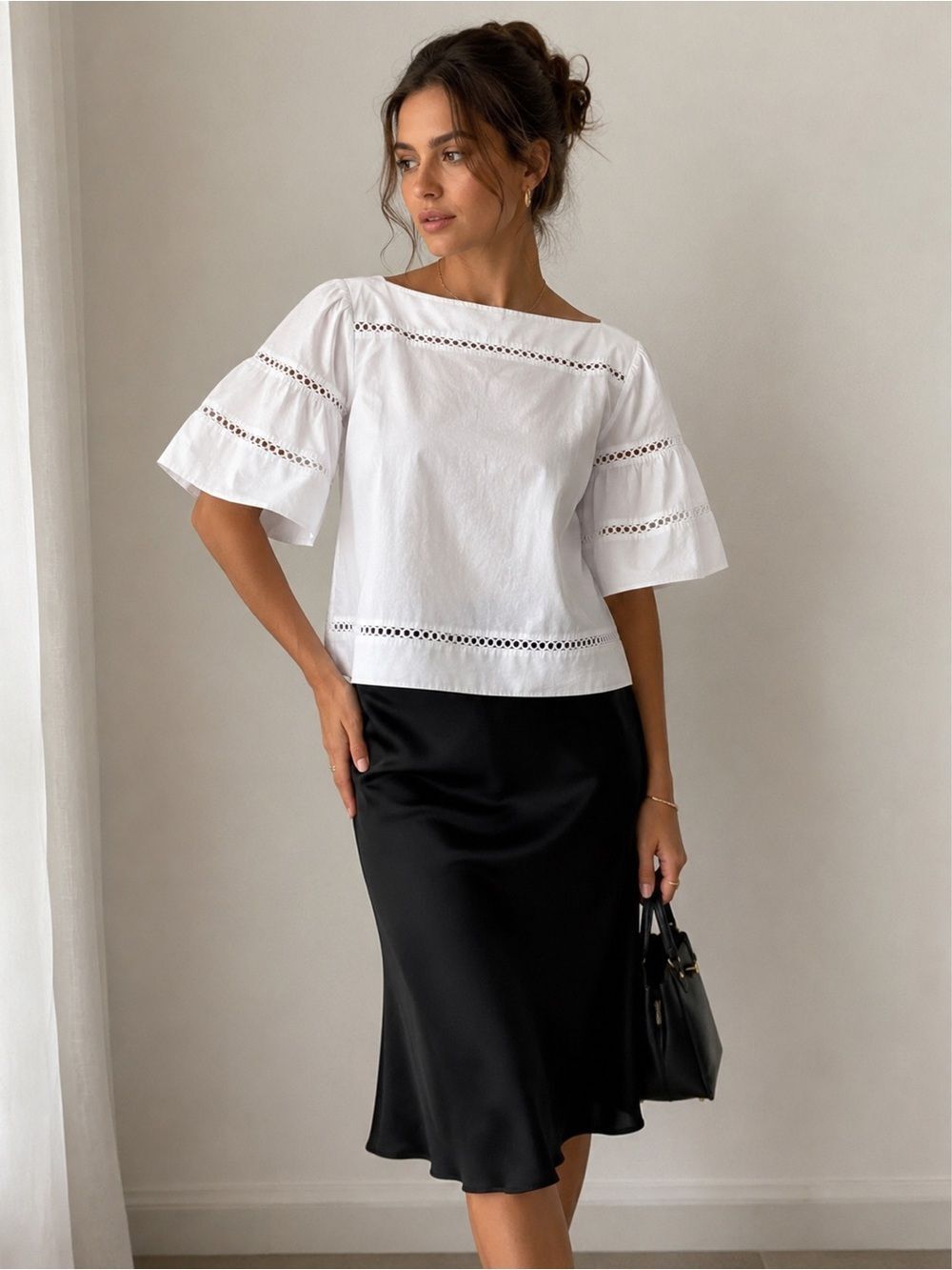 NWT Michael Kors White Eyelet Blouse Medium 3/4 Bell Sleeve 100% Cotton Size L
